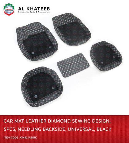 Al Khateeb Universal Car Floor Mat Leather Diamond Sewing , 5Pcs, Needling, Black