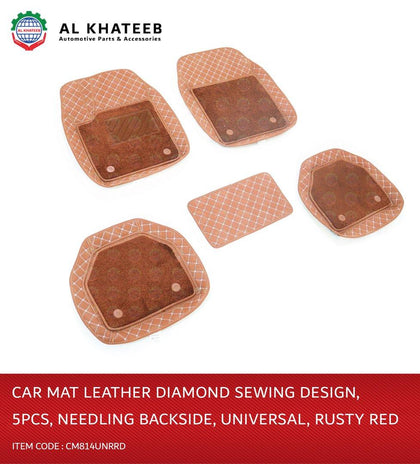 Al Khateeb Universal Car Floor Mat Leather Diamond Sewing , 5Pcs, Needling, Rusty Red