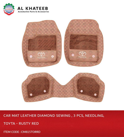 Al Khateeb Toyota Universal Car Floor Mat Leather Diamond Sewing , 3Pcs, Needling, Rusty Red