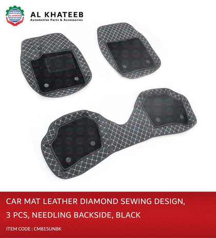 Al Khateeb Universal Car Floor Mat Leather Diamond Sewing , 3Pcs, Needling Backside, Black