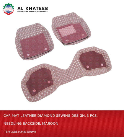 Al Khateeb Universal Car Floor Mat Leather Diamond Sewing , 3PCS, Needling Backside, Maroon