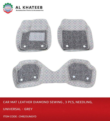 Al Khateeb Car Universal Leather Floor Mat Backside Sewing Needling With Grass 3Pcs, Dark Gray