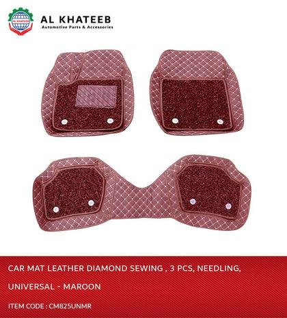 Al Khateeb Car Universal Leather Floor Mat Backside Sewing Needling With Grass 3Pcs, Maroon