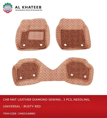 Al Khateeb Car Universal Leather Floor Mat Backside Sewing Needling With Grass 3Pcs, Rusty Red