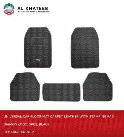 Al Khateeb Universal Car Floor Mat Carpet Leather With Stamping Pad Diamon Logo, 5Pcs, Black