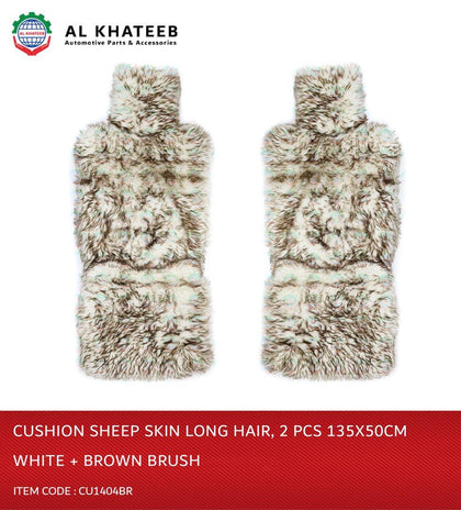 Al Khateeb Universal Car Cushion Sheep Skin Long Hair Fur Wool Car Seat Covers 135X50Cm 2Pcs, White + Brown Blush