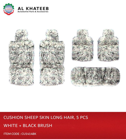 Al Khateeb Universal Car Cushion Sheep Skin Long Hair Fur Wool Car Seat Covers 5-Seater 5Pcs/Set, White + Black Blush