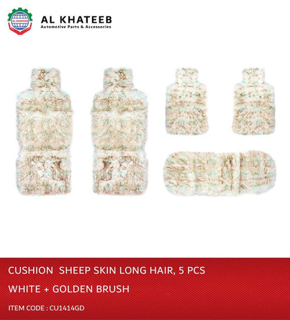 Al Khateeb Universal Car Cushion Sheep Skin Long Hair Fur Wool Car Seat Covers 5-Seater 5Pcs/Set, White + Brown Blush