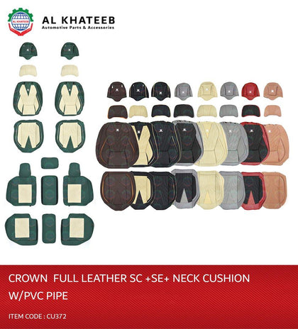 Al Khateeb Universal Car Full Leather Cushion Seat Cover With Neck Cushion Brown, 15Pcs Set, 5 Seater, Crown Logo, Pvc Pipe Beige