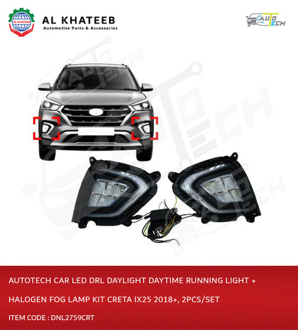 Auto-Tech Car LED DRL Daylight Daytime Running Light + Halogen Fog Lamp Kit Creta IX25 2018+, 2PCS/Set