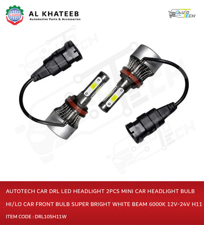 AutoTech Car Drl LED Headlight 2Pcs Mini Car Headlight Bulb Hi/Lo Car Front Bulb Super Bright White Beam 6000K 12V-24V H11