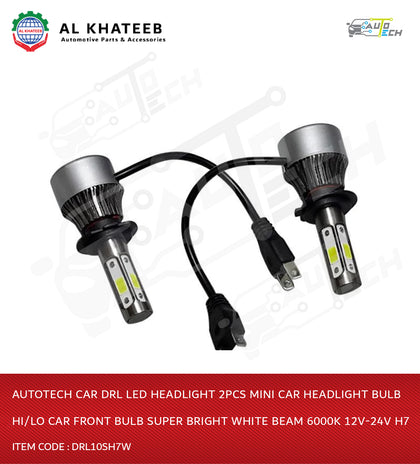 AutoTech Car Drl LED Headlight 2Pcs Mini Car Headlight Bulb Hi/Lo Car Front Bulb Super Bright White Beam 6000K 12V-24V H7