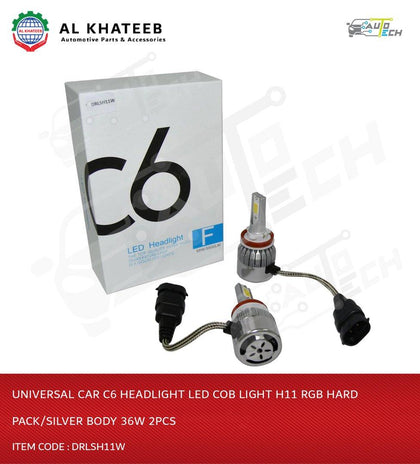 Al Khateeb Universal Car C6 Headlight LED Cob Light H11 Rgb Hard Pack/Silver Body 36W 2Pcs