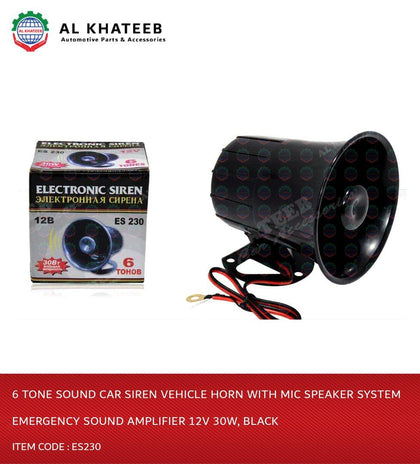 6 Tone Sound Car Siren Vehicle Horn With Mic Speaker System Emergency Sound Amplifier 12V 30W, Black