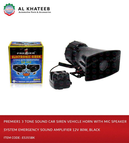 Premier1 3 Tone Sound Car Siren Vehicle Horn With Mic Speaker System Emergency Sound Amplifier 12V 80W, Black Es355