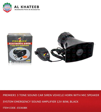 Premier1 3 Tone Sound Car Siren Vehicle Horn With Mic Speaker System Emergency Sound Amplifier 12V 80W, Black Es360