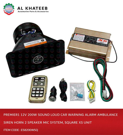 Al Khateeb Premier1 12V 200W Sound Loud Car Warning Alarm Ambulance Siren Horn 2 Speaker Mic System, Square Xs Unit