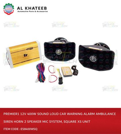 Premier1 12V 400W Sound Loud Car Warning Alarm Ambulance Siren Horn 2 Speaker Mic System, Square Xs Unit