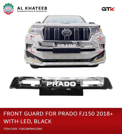 GTK Car Front Bumper Guard With LED & Logo Letter Prado FJ150 2018+, ABS Black+Chrome
