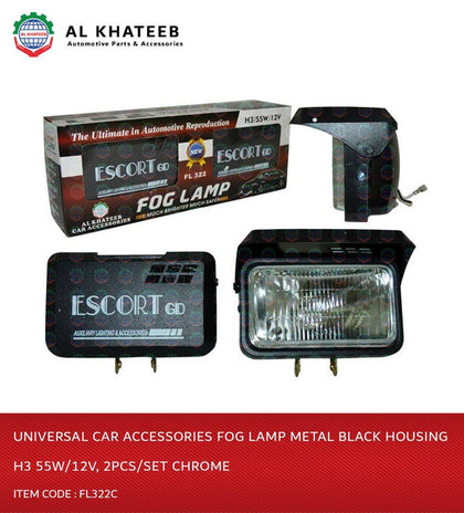 Al Khateeb Universal Car Accessories Fog Lamp Metal Black Housing H3 55W/12V, 2Pcs/Set Chrome