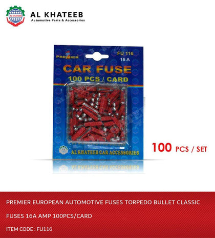 Al Khateeb Premier European Automotive Fuses Torpedo Bullet Classic Fuses 16A Amp 100Pcs/Card