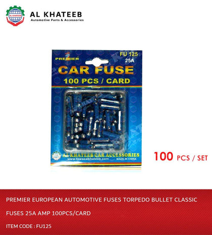 Al Khateeb Premier European Automotive Fuses Torpedo Bullet Classic Fuses 25A Amp 100Pcs/Card