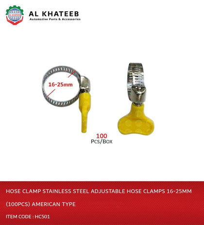 Al Khateeb Hose Clamp Stainless Steel Adjustable Hose Clamps 16-25Mm (100Pcs) American Type