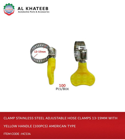 Al Khateeb Hose Clamp Stainless Steel Adjustable Hose Clamps 13-19Mm With Yellow Handle (100Pcs) American Type