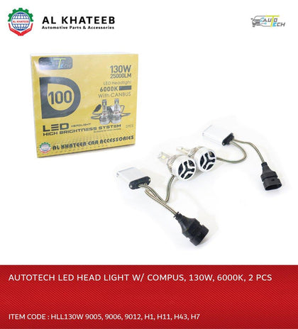 LED HEAD LIGHT W/COMPUS, 130W, 6000K, H7, 2 PCS