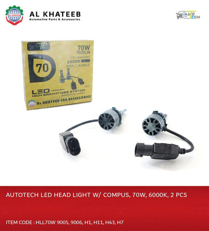 LED HEAD LIGHT W/COMPUS, 70W, 6000K, H7, 2 PCS