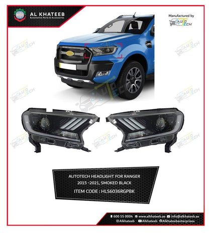 AutoTech Car Headlights Performance Smoked Black Ranger 2015-2021, 2Pcs/Set