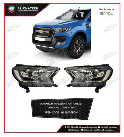 AutoTech Car Headlights Performance Ranger 2015-2021 OEM Style, 2Pcs/Set Black+Clear