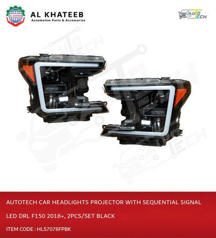 AutoTech Car Headlights Projector With Sequential Signal LED Drl F150 2018+, 2Pcs/Set Black