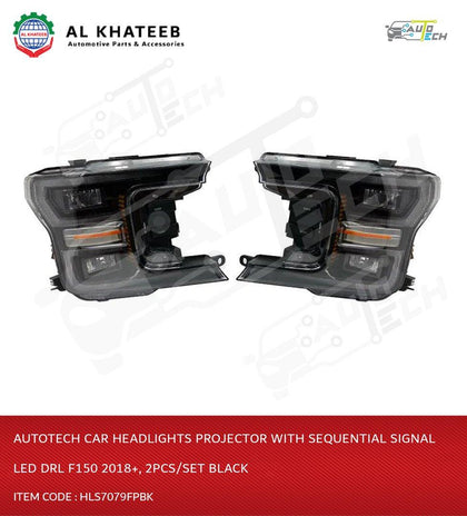 AutoTech Car Headlights Projector With Sequential Signal LED Drl F150 2018+, 2Pcs/Set Black