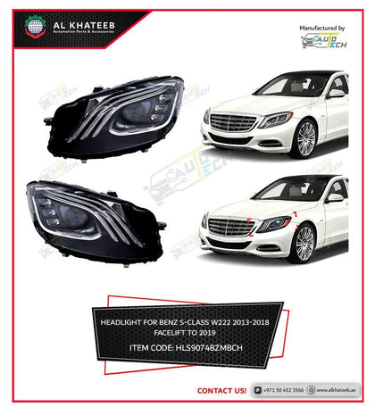AutoTech Car Headlights Performance S-Class W222 2013-2018 Facelift To 2019 High Edition, 2Pcs/Set Chrome+Black