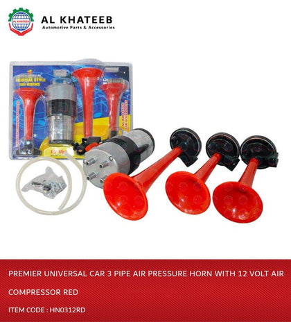 Al Khateeb Premier Universal Car 3 Pipe Air Pressure Horn With 12 Volt Air Compressor Red