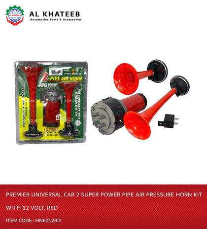 Al Khateeb Premier Universal Car 2 Super Power Pipe Air Pressure Horn Kit With 12 Volt, Red