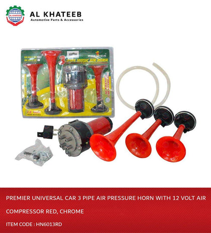 Al Khateeb Premier Universal Car 3 Pipe Air Pressure Horn With 12 Volt Air Compressor Red, Chrome