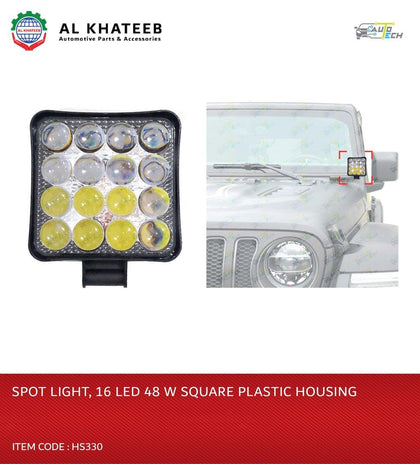 AutoTech Universal Car 4Inch Fog Spotlight 16 LED White 48W Square Type, Plastic Housing Frame