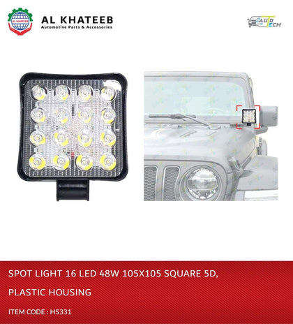 AutoTech Universal Car 4Inch Fog Spotlight 16 LED White 48W Square Type 5D 12V, Plastic Housing Frame