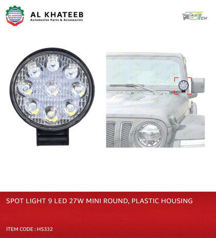 AutoTech Universal Car 3Inch Fog Spotlight 9 LED White 27W Mini Round Style, Plastic Housing Frame
