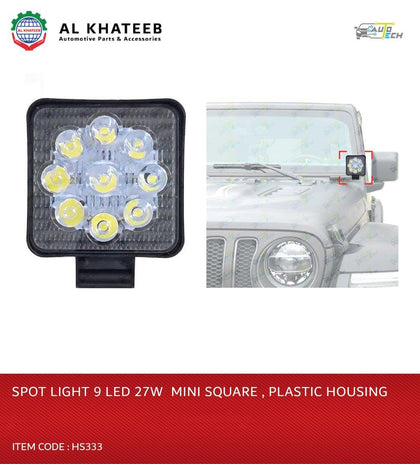 AutoTech Universal Car 3Inch Fog Spotlight 9 LED White 27W Mini Round Style 12V, Plastic Housing Frame