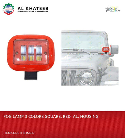 AutoTech Universal Car 4Inch Fog Spotlight 3 LED Color Sqaure Mini Type, Red Aluminum Housing 30W
