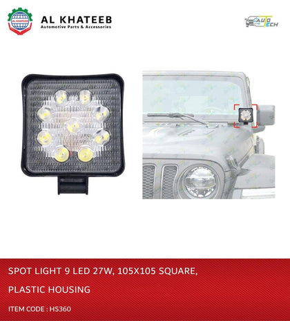 AutoTech Universal Car 4Inch Fog Spot Light 9 LED White Color Square Mini Type 27W, Black Plastic Housing 12V 105X105Cm