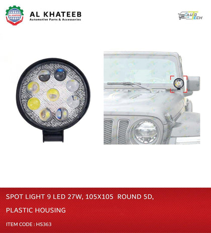 AutoTech Universal Car 4Inch Fog Spot Light 9 LED White Color Square Mini Type 27W, Black Plastic Housing 12V 105X105Cm
