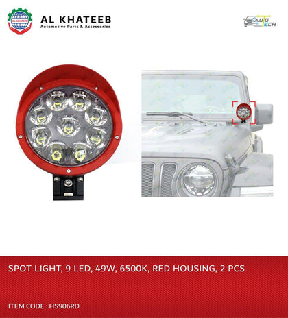Al Khateeb Universal Vehicle Spot Light 9 LED 49W 6500K Fit To Truck Jeep And Off-Road, Red Plastic Housing 2Pcs