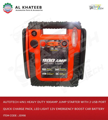 AutoTech 4In1 Heavy Duty 900Amp Jump Starter With 2 Usb Port Quick Charge Pack, LED Light 12V Emergency Boost Car Battery