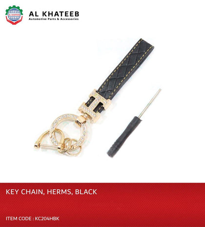 Al Khateeb Universal Car Keychain Crystal Diamond Fashion Accessories Key Ring Hermes Desing Style, Black Leather