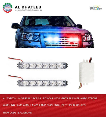 AutoTech Universal 2Pcs 18 LEDs Car LED Lights Flasher Auto Strobe Warning Lamp Ambulance Lamp Flashing Light 12V, Blue+Red - Lfl22