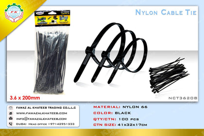 Al Khateeb Sports Design Car Zip Ties, 100 Pcs 3.6X200Mm Cable Tie, Adjustable Durable Self Locking Nylon Zip Cable Ties, Black